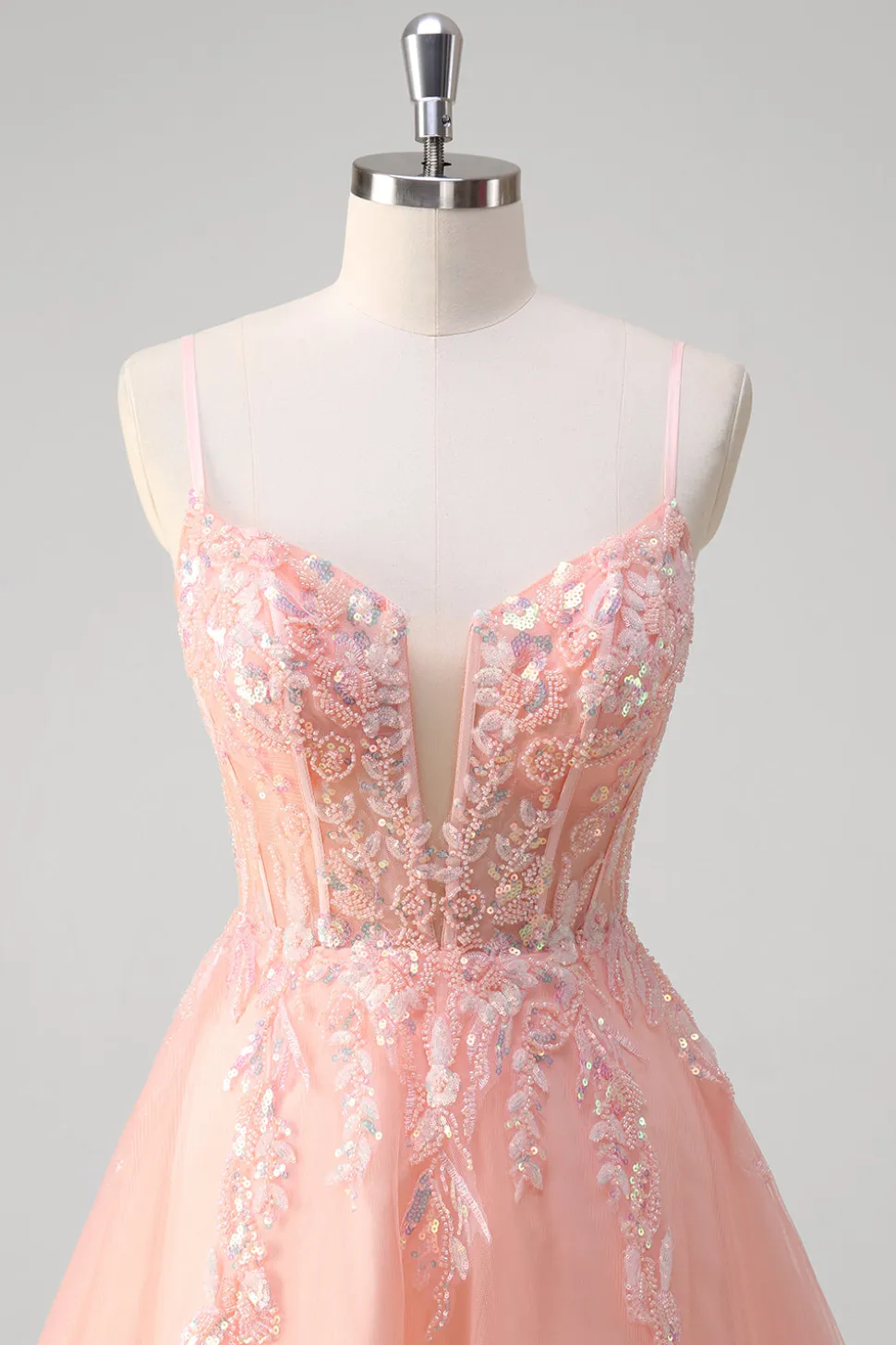 Sparkly Peach A-Line Corset Floral Tulle Long Prom Dress com frisos