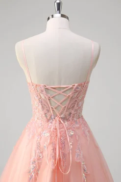 Sparkly Peach A-Line Corset Floral Tulle Long Prom Dress com frisos
