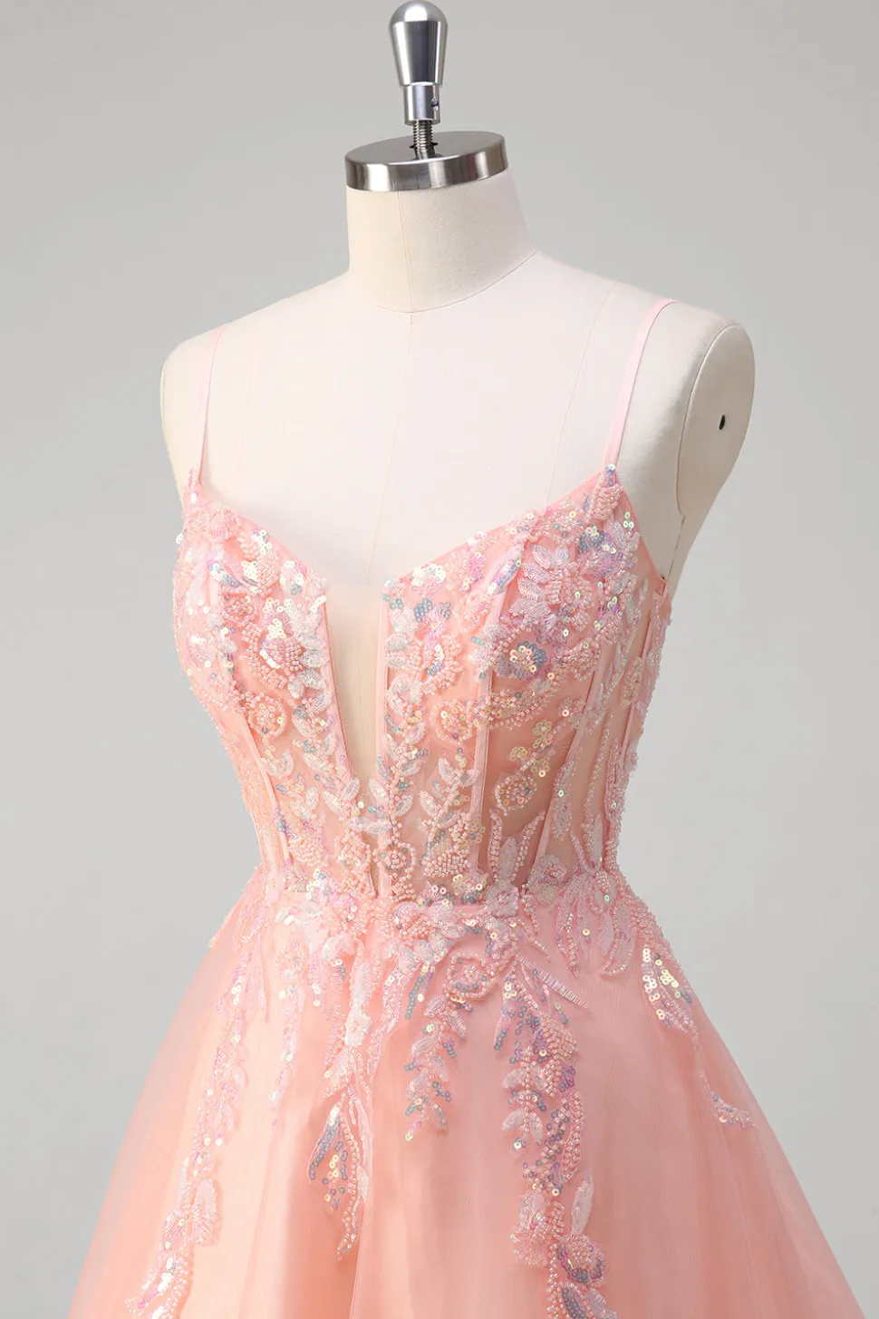 Sparkly Peach A-Line Corset Floral Tulle Long Prom Dress com frisos
