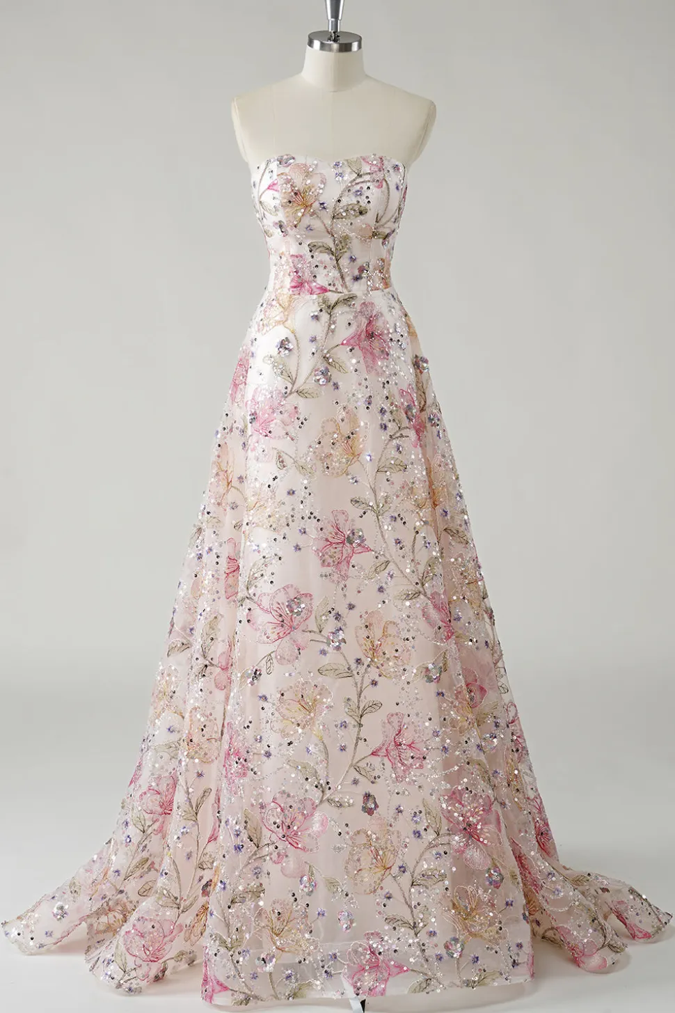 Sparkly Pink A-Line Strapless Lantejoulas Floral Long Prom Dress