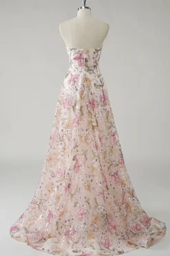 Sparkly Pink A-Line Strapless Lantejoulas Floral Long Prom Dress