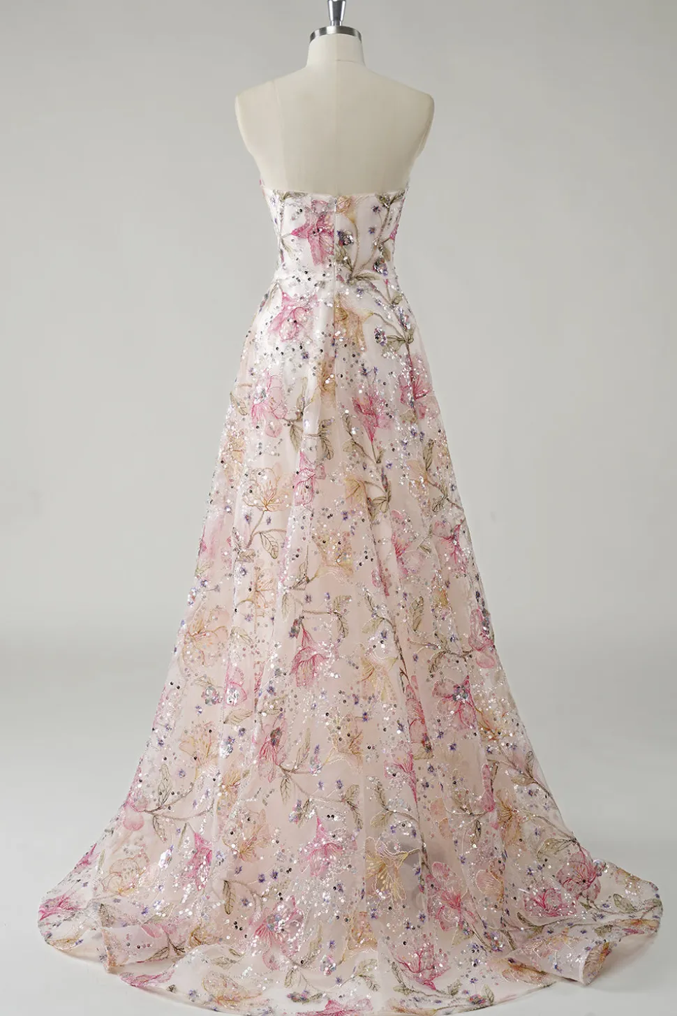Sparkly Pink A-Line Strapless Lantejoulas Floral Long Prom Dress
