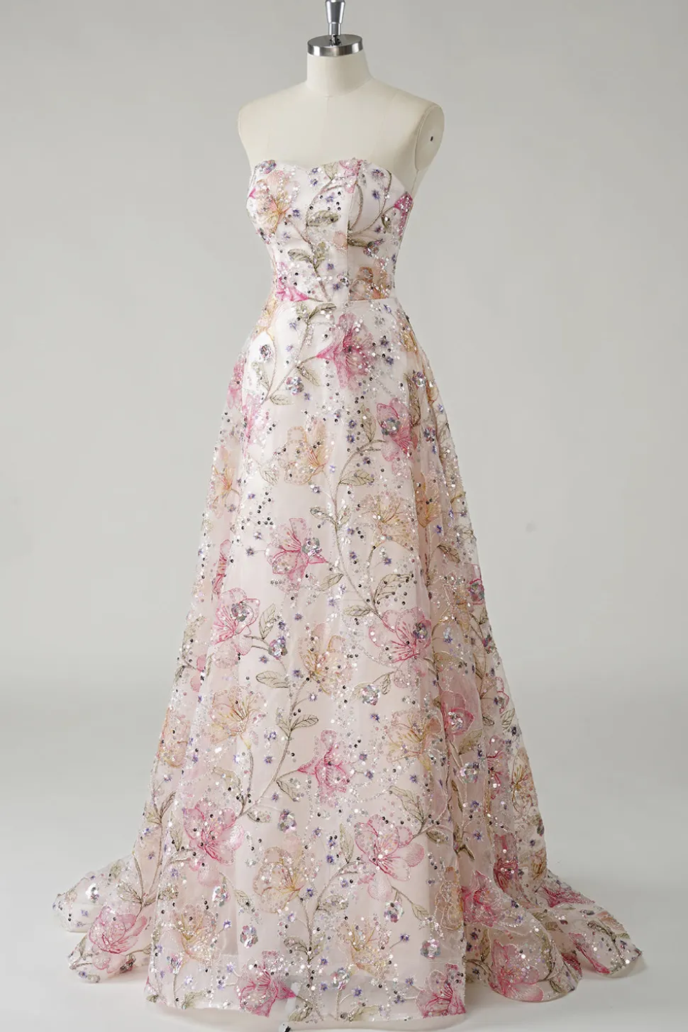Sparkly Pink A-Line Strapless Lantejoulas Floral Long Prom Dress