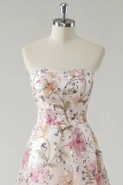 Sparkly Pink A-Line Strapless Lantejoulas Floral Long Prom Dress