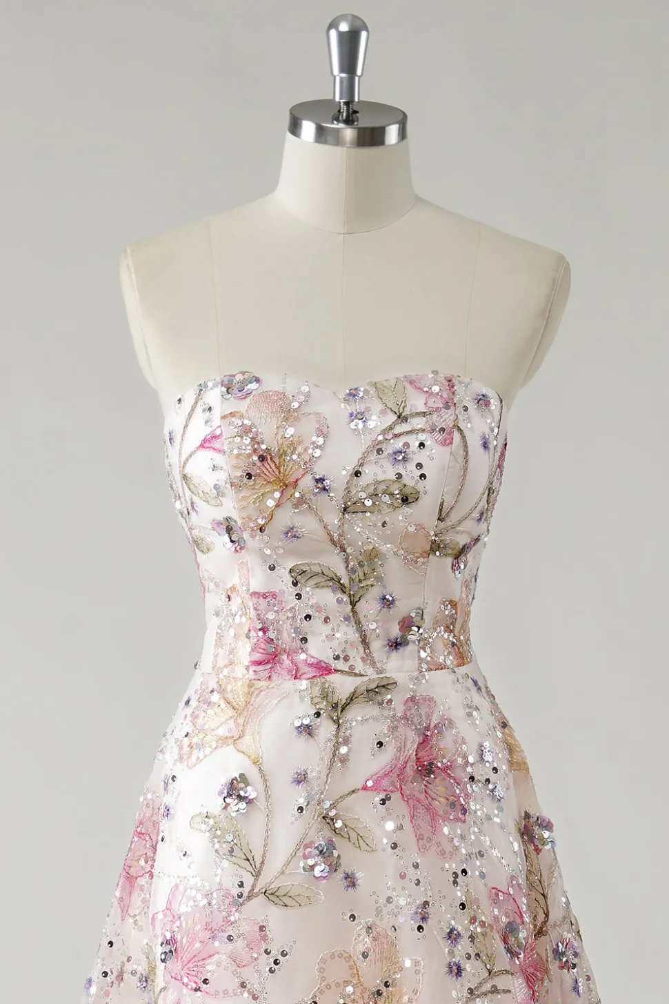 Sparkly Pink A-Line Strapless Lantejoulas Floral Long Prom Dress