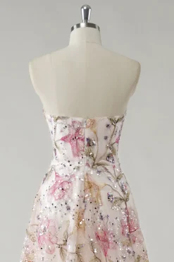 Sparkly Pink A-Line Strapless Lantejoulas Floral Long Prom Dress