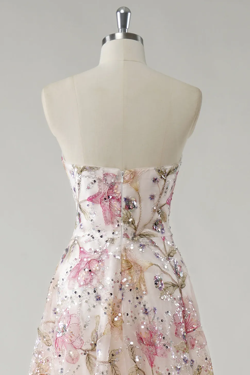 Sparkly Pink A-Line Strapless Lantejoulas Floral Long Prom Dress