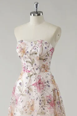 Sparkly Pink A-Line Strapless Lantejoulas Floral Long Prom Dress