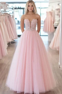 Sparkly Pink Ball Gown Sweetheart Tulle Long Prom Dress com Appliques