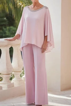 Sparkly Pink Flowy mangas compridas frisado Chiffon mãe do macacão da noiva