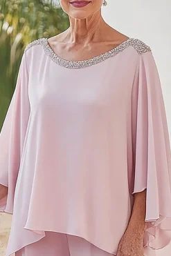Sparkly Pink Flowy mangas compridas frisado Chiffon mãe do macacão da noiva