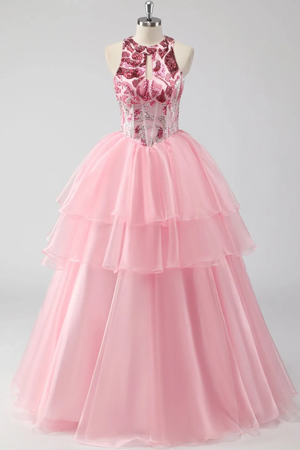 Sparkly Pink Halter Corset Appliques Tiered Long Prom Dress