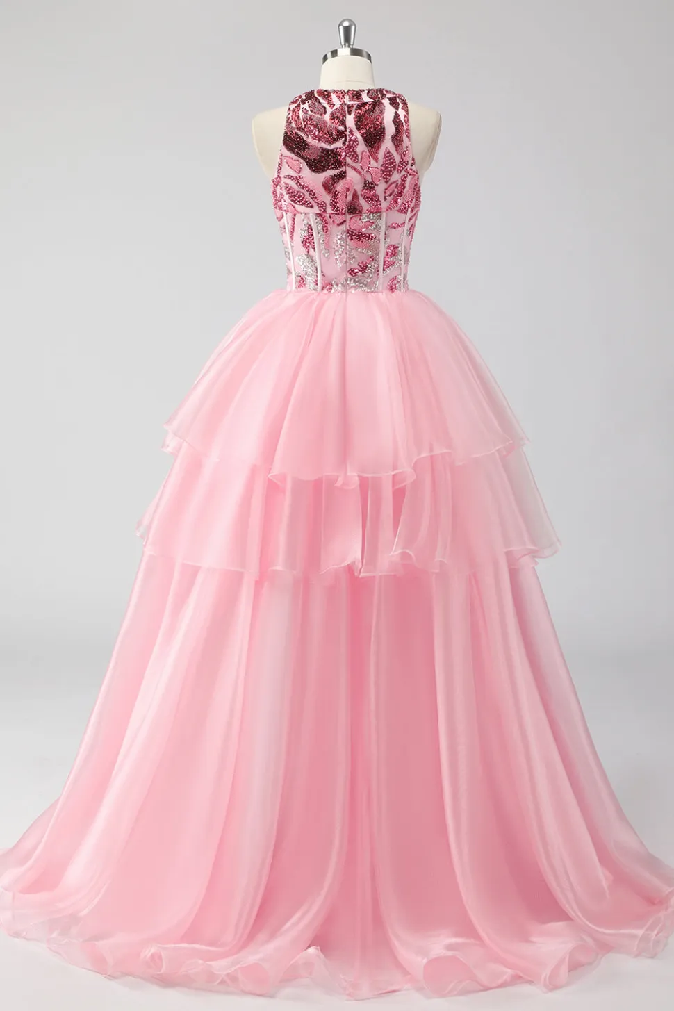 Sparkly Pink Halter Corset Appliques Tiered Long Prom Dress