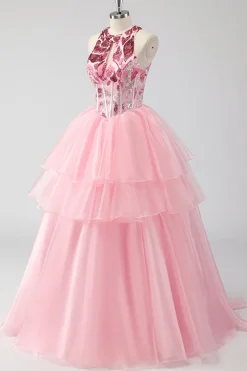 Sparkly Pink Halter Corset Appliques Tiered Long Prom Dress