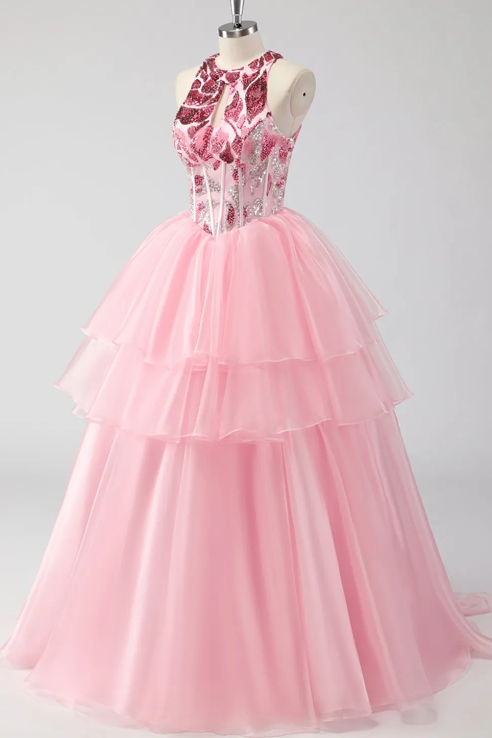 Sparkly Pink Halter Corset Appliques Tiered Long Prom Dress