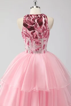 Sparkly Pink Halter Corset Appliques Tiered Long Prom Dress