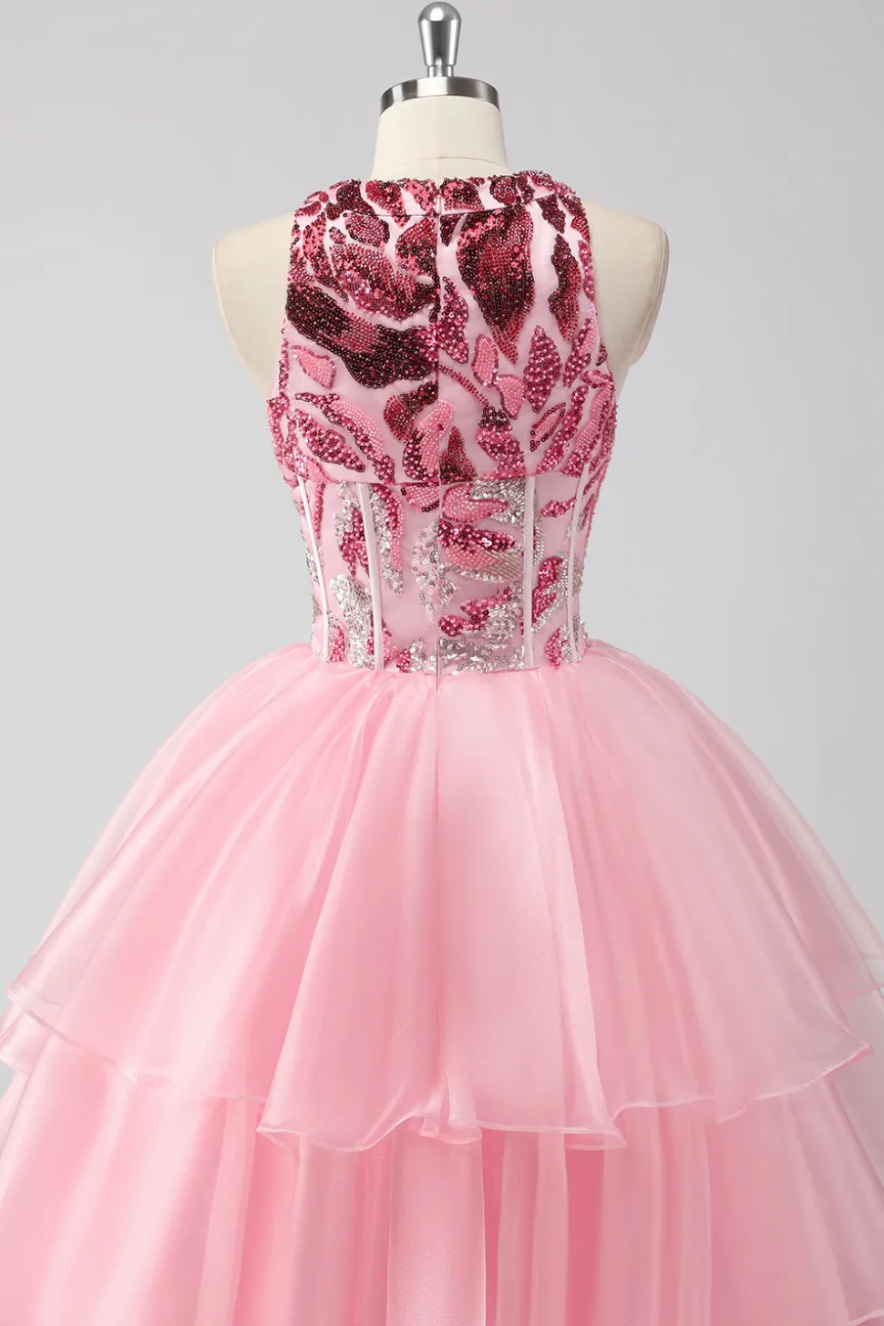 Sparkly Pink Halter Corset Appliques Tiered Long Prom Dress