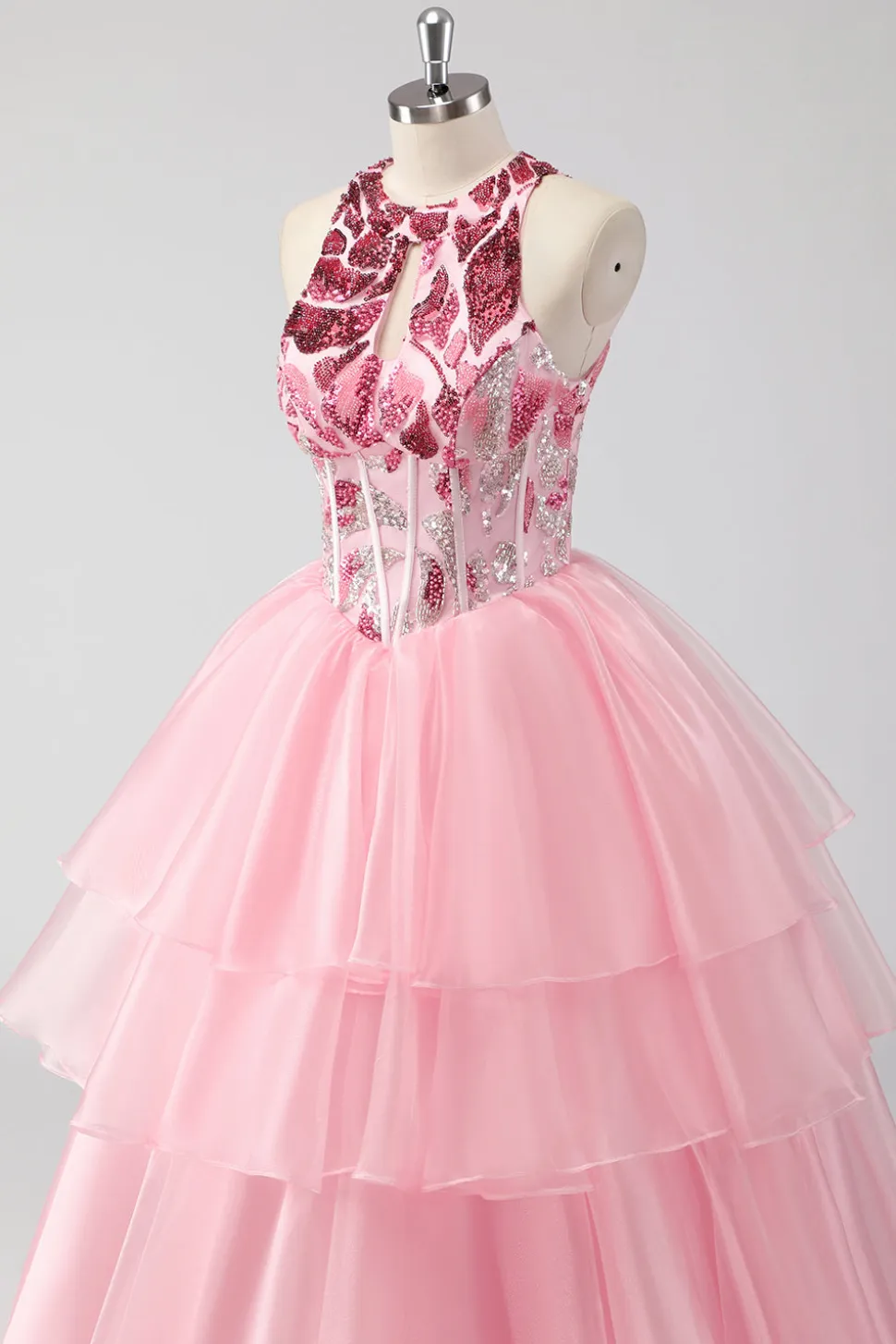 Sparkly Pink Halter Corset Appliques Tiered Long Prom Dress