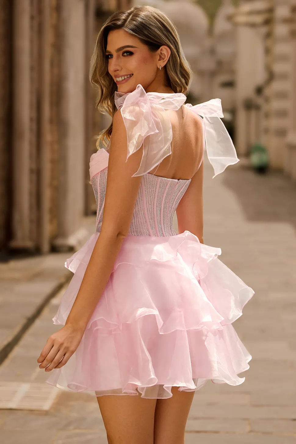 Sparkly Pink Off The Shoulder Corset A Line Tiered Homecoming Dress