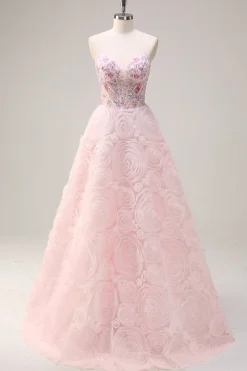 Sparkly Pink Princess Espartilho Floral Sem Alças Vestido Longo Baile de Formatura Com Lantejoulas