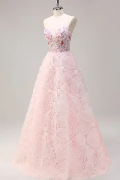 Sparkly Pink Princess Espartilho Floral Sem Alças Vestido Longo Baile de Formatura Com Lantejoulas