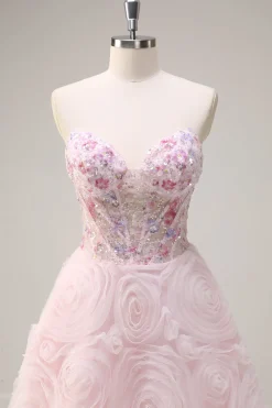 Sparkly Pink Princess Espartilho Floral Sem Alças Vestido Longo Baile de Formatura Com Lantejoulas