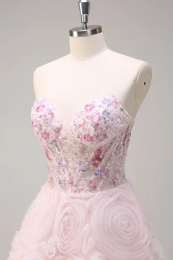 Sparkly Pink Princess Espartilho Floral Sem Alças Vestido Longo Baile de Formatura Com Lantejoulas
