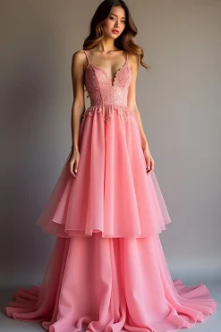 Sparkly Pink Sequin Uma linha babado longo vestido de baile com renda