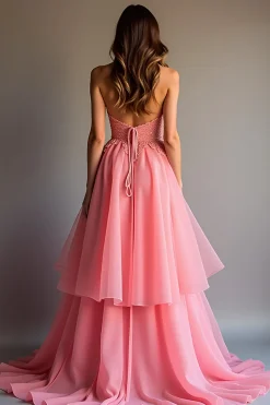 Sparkly Pink Sequin Uma linha babado longo vestido de baile com renda