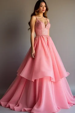 Sparkly Pink Sequin Uma linha babado longo vestido de baile com renda