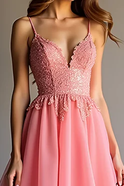 Sparkly Pink Sequin Uma linha babado longo vestido de baile com renda