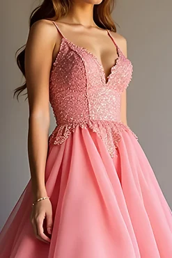 Sparkly Pink Sequin Uma linha babado longo vestido de baile com renda