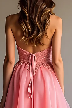 Sparkly Pink Sequin Uma linha babado longo vestido de baile com renda