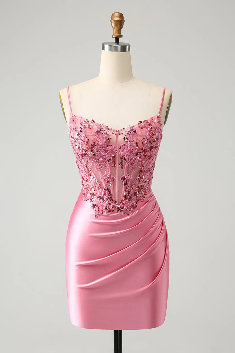 Sparkly Pink Tight Corset Espaghetti Straps Homecoming Dress com Apliques