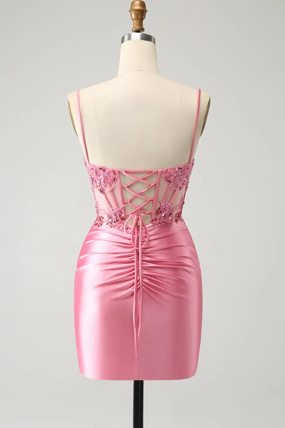 Sparkly Pink Tight Corset Espaghetti Straps Homecoming Dress com Apliques