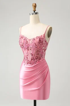 Sparkly Pink Tight Corset Espaghetti Straps Homecoming Dress com Apliques