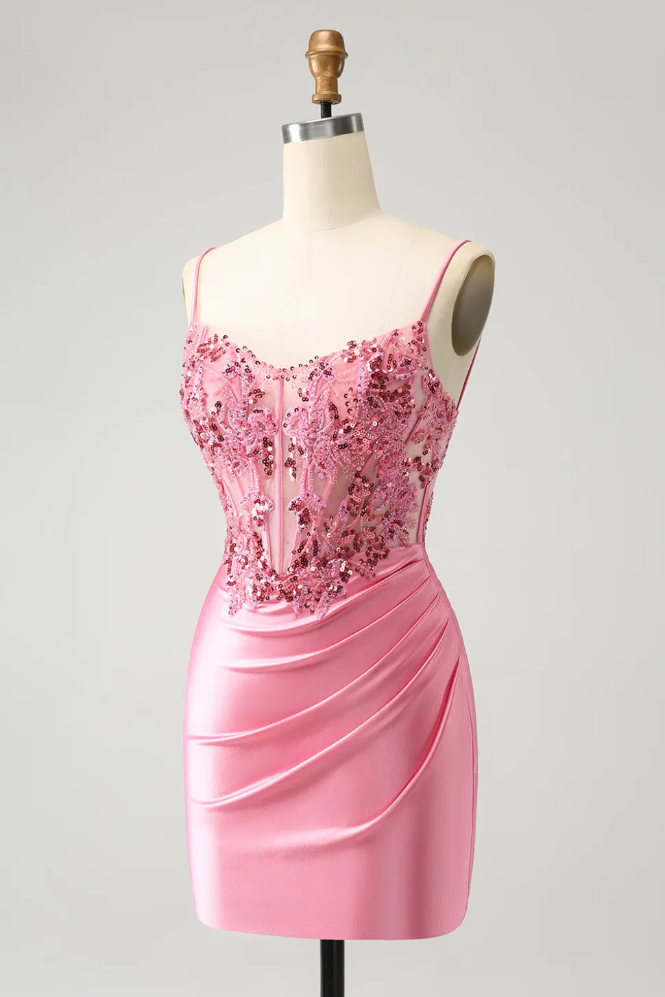 Sparkly Pink Tight Corset Espaghetti Straps Homecoming Dress com Apliques