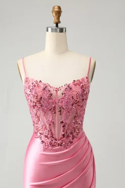 Sparkly Pink Tight Corset Espaghetti Straps Homecoming Dress com Apliques