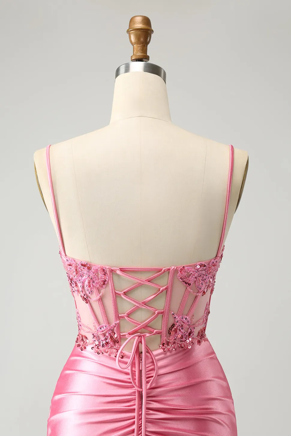 Sparkly Pink Tight Corset Espaghetti Straps Homecoming Dress com Apliques