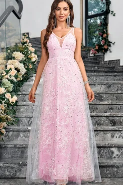 Sparkly Pink Uma Linha V-Neck Prom Dress
