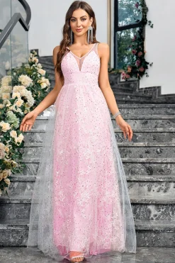 Sparkly Pink Uma Linha V-Neck Prom Dress