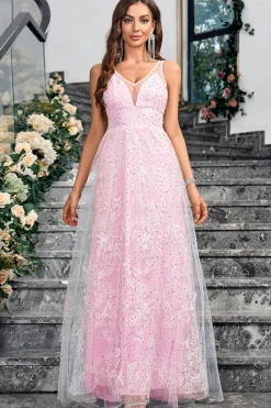 Sparkly Pink Uma Linha V-Neck Prom Dress