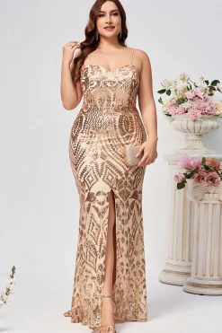 Sparkly Plus Size Sereia Dourada Lantejoulas Bordadas Vestido Longo Baile de Formatura com Split