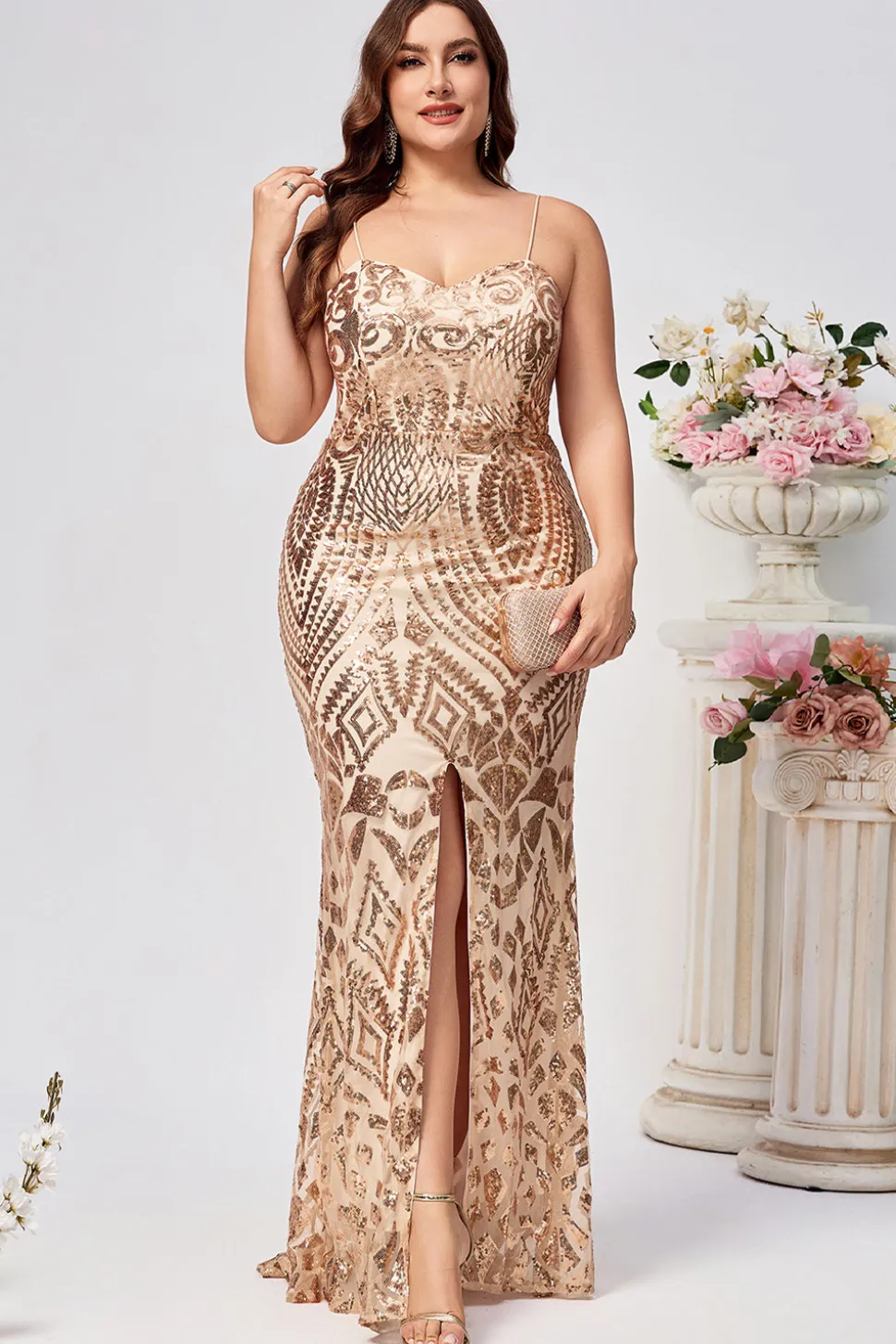 Sparkly Plus Size Sereia Dourada Lantejoulas Bordadas Vestido Longo Baile de Formatura com Split