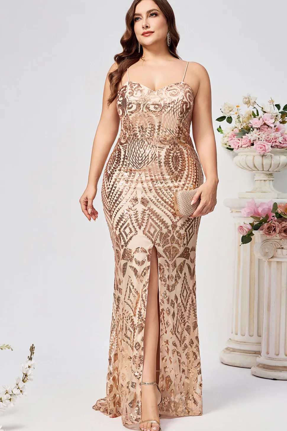 Sparkly Plus Size Sereia Dourada Lantejoulas Bordadas Vestido Longo Baile de Formatura com Split