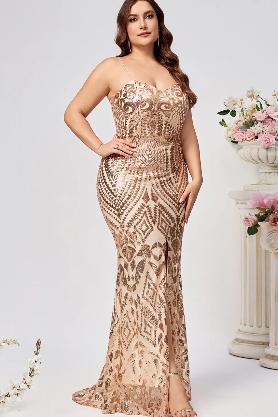 Sparkly Plus Size Sereia Dourada Lantejoulas Bordadas Vestido Longo Baile de Formatura com Split