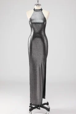Sparkly prata cinza Halter Shath vestido formal com fenda