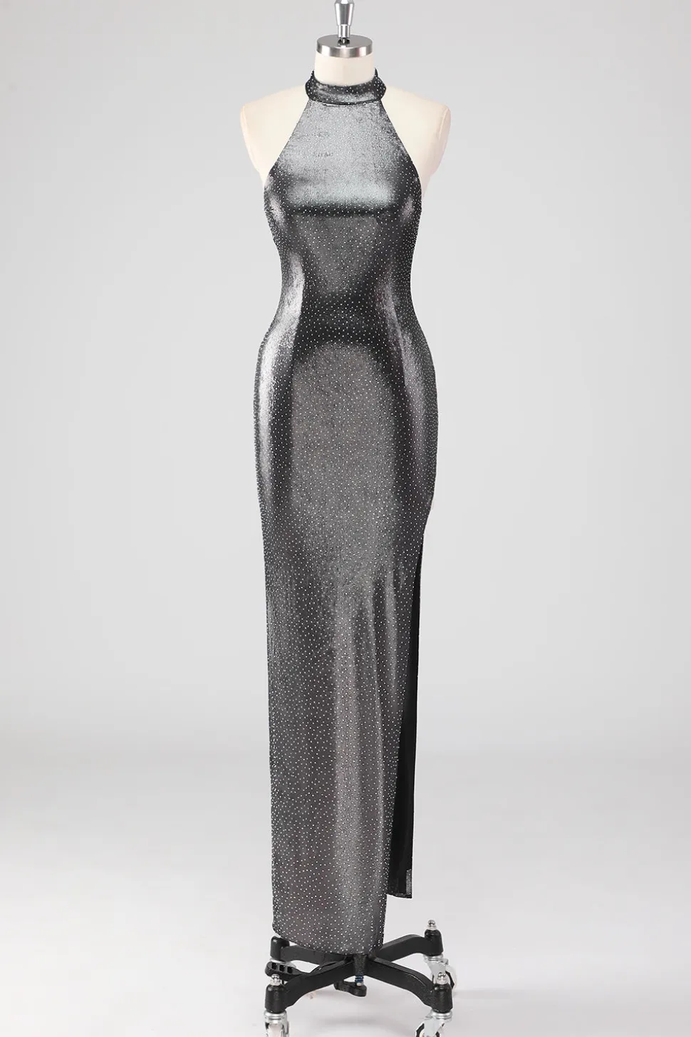 Sparkly prata cinza Halter Shath vestido formal com fenda