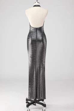 Sparkly prata cinza Halter Shath vestido formal com fenda