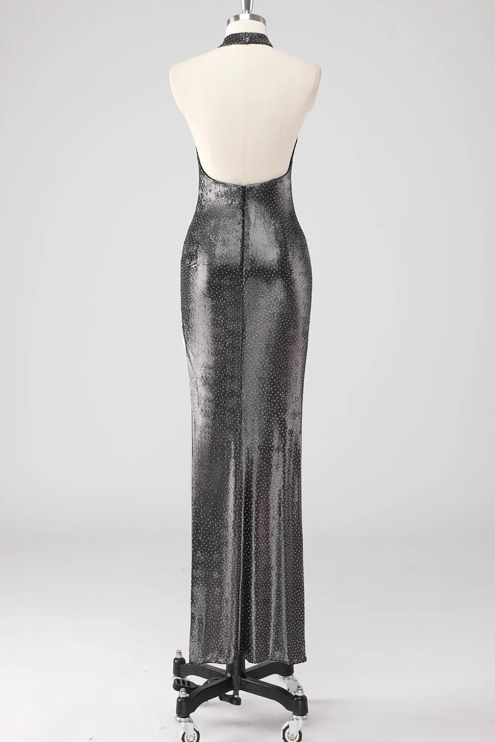 Sparkly prata cinza Halter Shath vestido formal com fenda